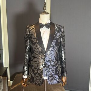 Black & Silver Lightweight Formal Tuxedo Jacket Satin Shawl Lapel Size S (36)